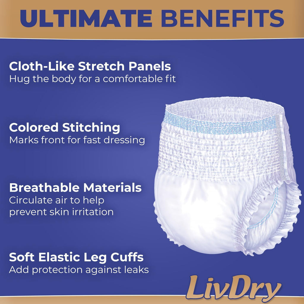 LivDry Small Ultimate Adult Incontinence Underwear, High Absorbency, Leak Cuff Protection, S, 72-Pack
