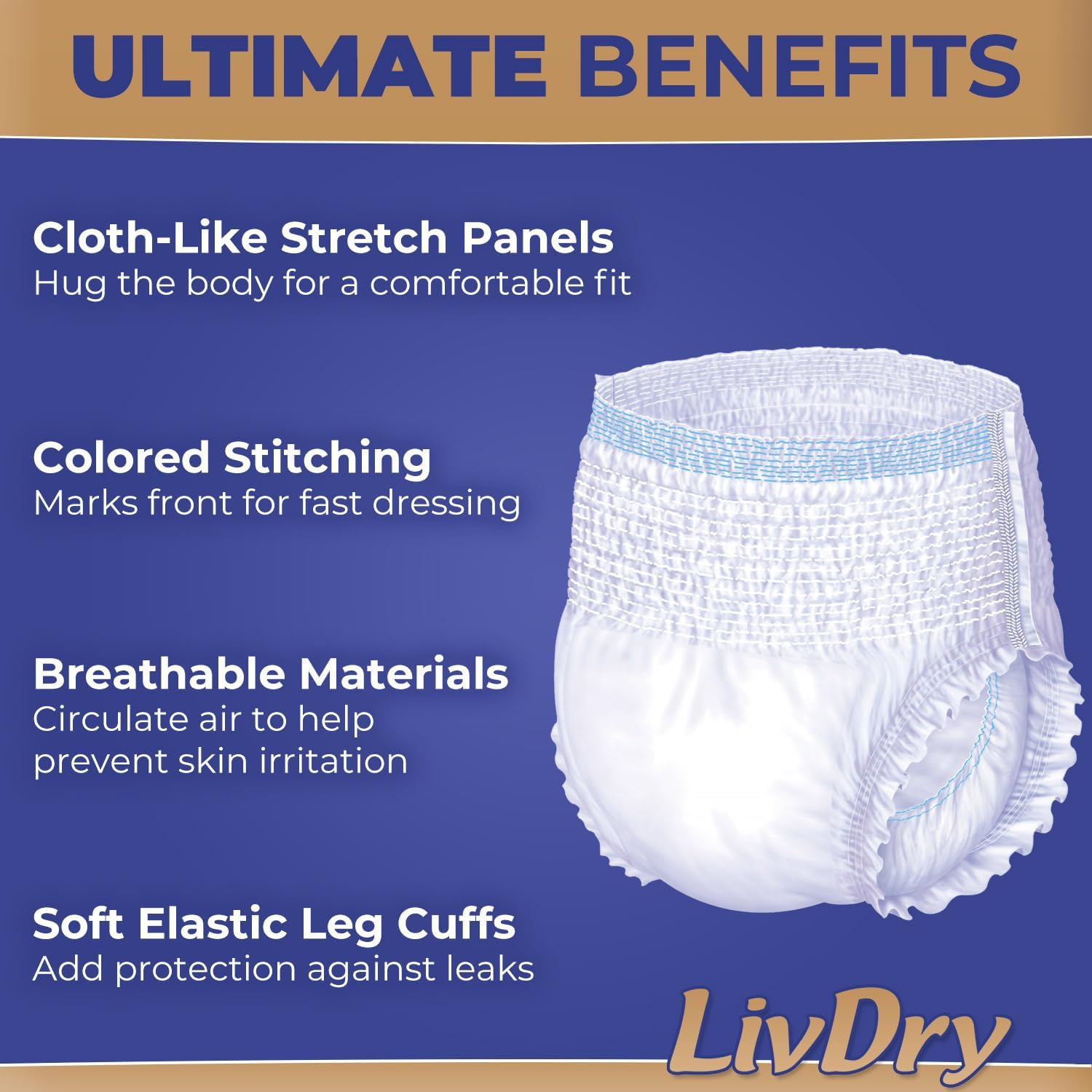 LivDry Ultimate Adult Incontinence Underwear, Max Absorbent Adult Diapers with Leak Protection, Medium, 68-Pack