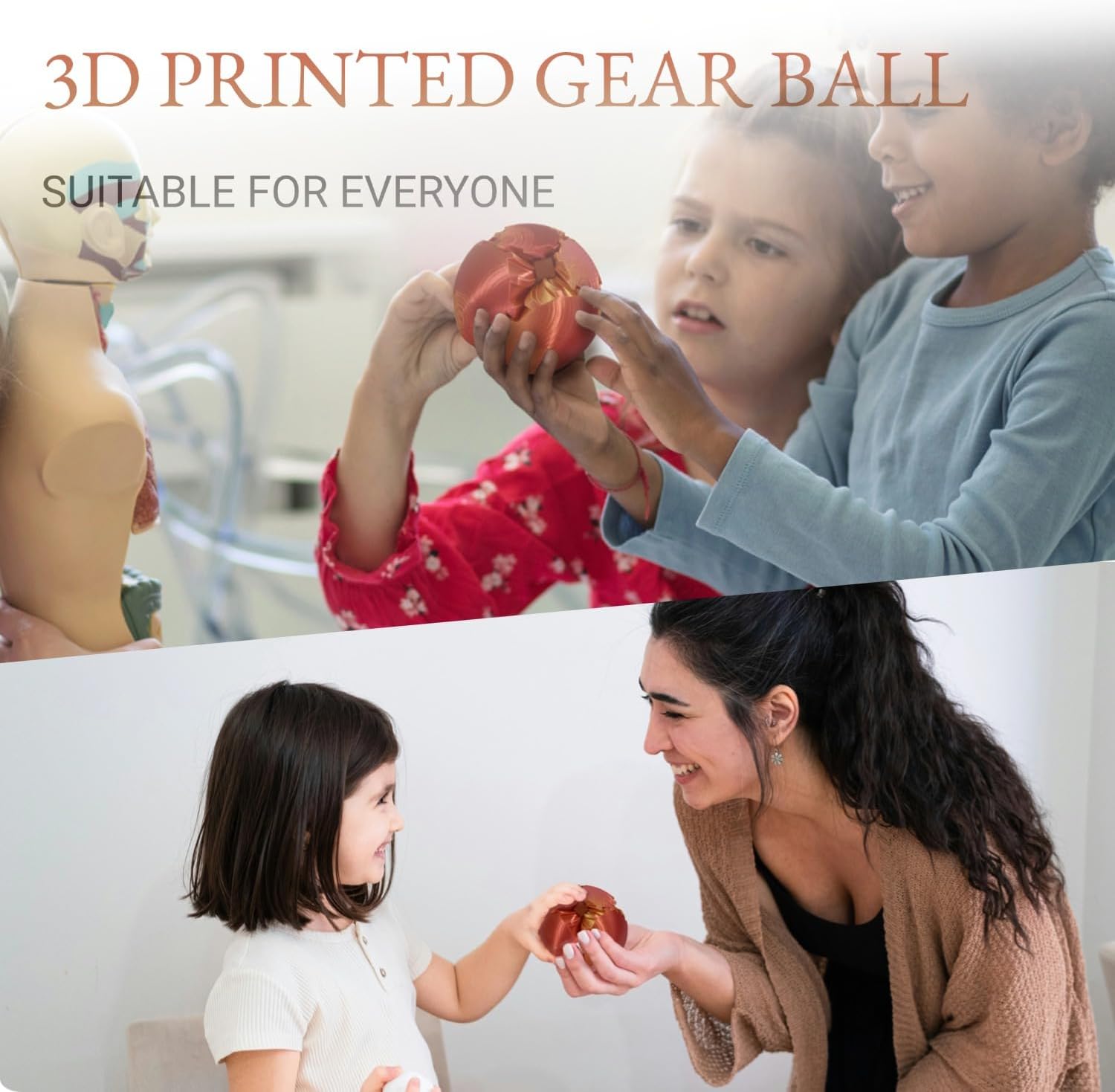 3D Printed Gear Ball, Gear Sphere Fidget Toy Stress Relif Toy for ADHD, Anxiety Relaxing Toy for Adults at Work/Study/Travel, Twisted Red-Gold