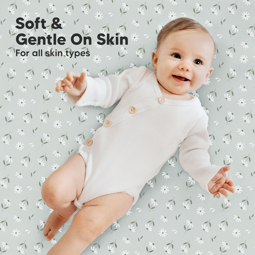 2-Pack Mini Crib Sheets Fitted - 38x26 Pack N Play Sheets for Pack and Play Mattress, Organic Cotton, Soft & Breathable Playard Bedding, Neutral Mini Toddler Bed Cover for Boys, Girls (Daisies)