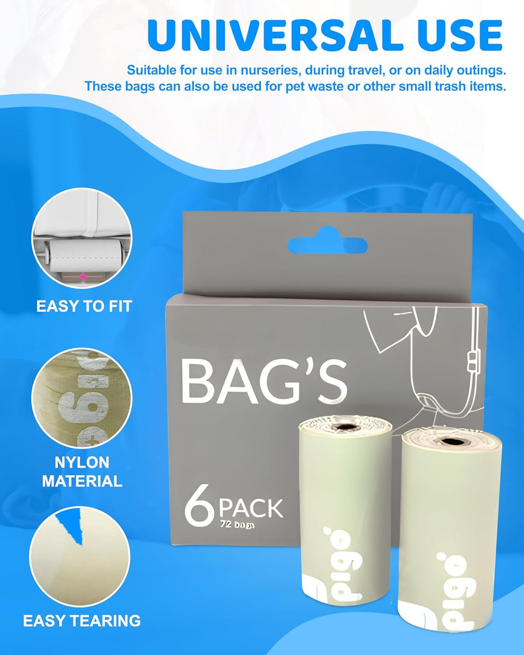 Compostable Disposable Diaper Bags Refills | 6 Rolls, 72 Leak-Proof, XL Biodegradable Baby Poop Bags | Eco-Friendly Diaper Trash Bags for Home, Travel, Pet Waste | Odor-Free,