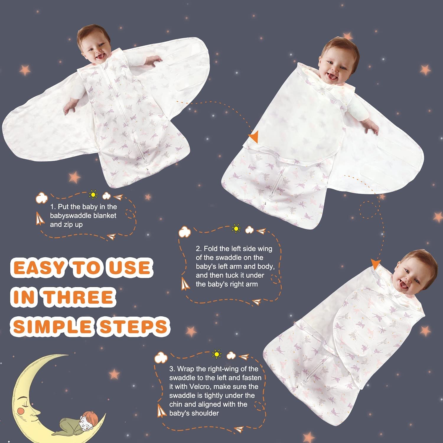 Swaddle-Blanket Baby Girl & Boy Swaddles Newborn Infant Transition 100% Cotton Wrap Blankets, 3-Way Adjustable Wearable Blanket, TOG 1.0 (Little Fairy 0-3 momth)