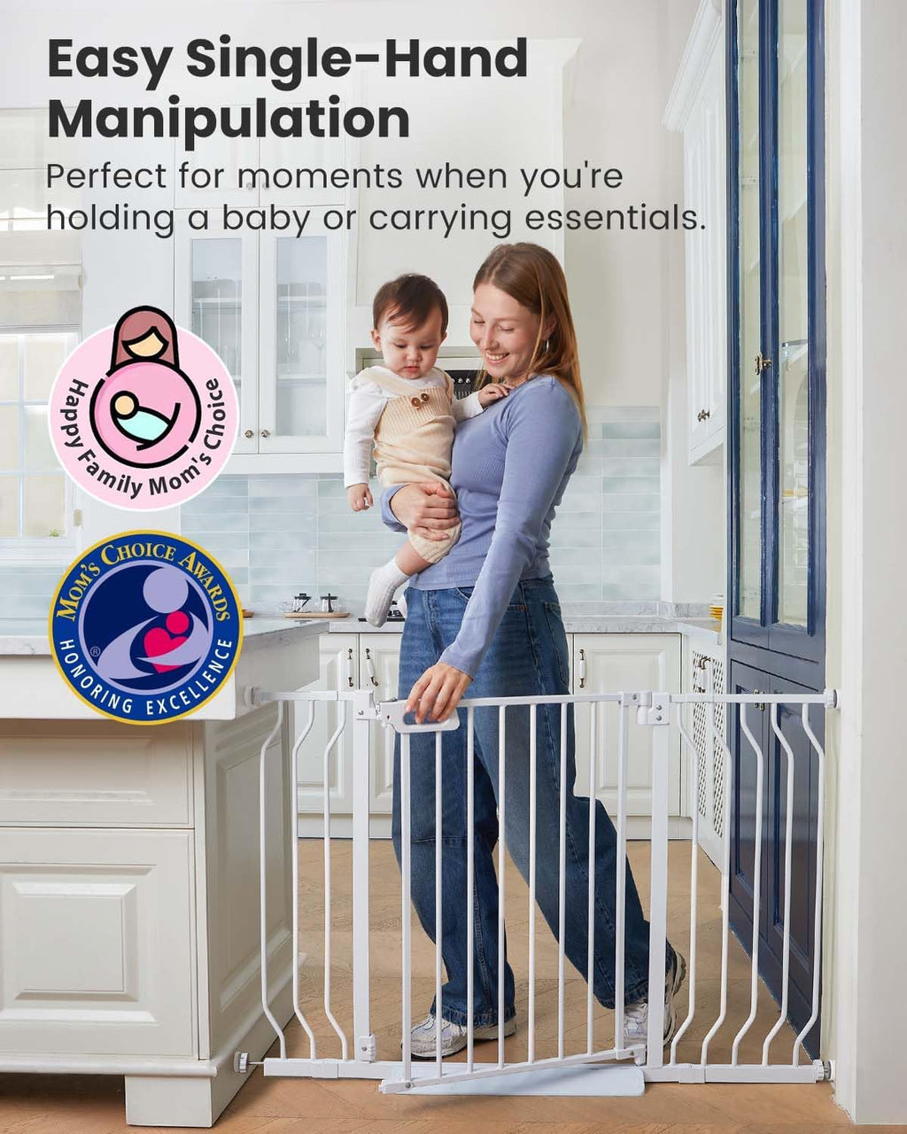 Mom's Choice-GROWNSY Baby Gate for Stairs, 29.5"-48.4" Pressure Mounted Baby Gate for Top of Stair&Doorway with V-Shaped Rods, Anti-Trip Pedal, Extra Wide Stairs Dog Gate Easy Install w/Red Reminder