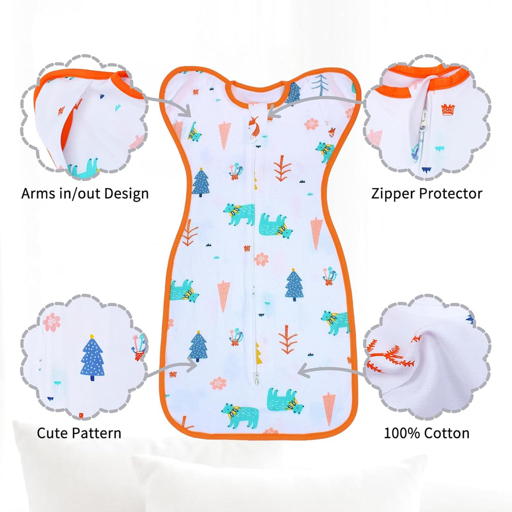 Transition Swaddle 0-3 Months, Newborn Sleep Sack Arms up Swaddle 2-Way Zipper 100% Cotton Arms in/Out, 0.8 Tog Baby Sleep Sack for Boy Girl, 2-Pack Transitional Swaddle Sack (Small 5-14lbs)
