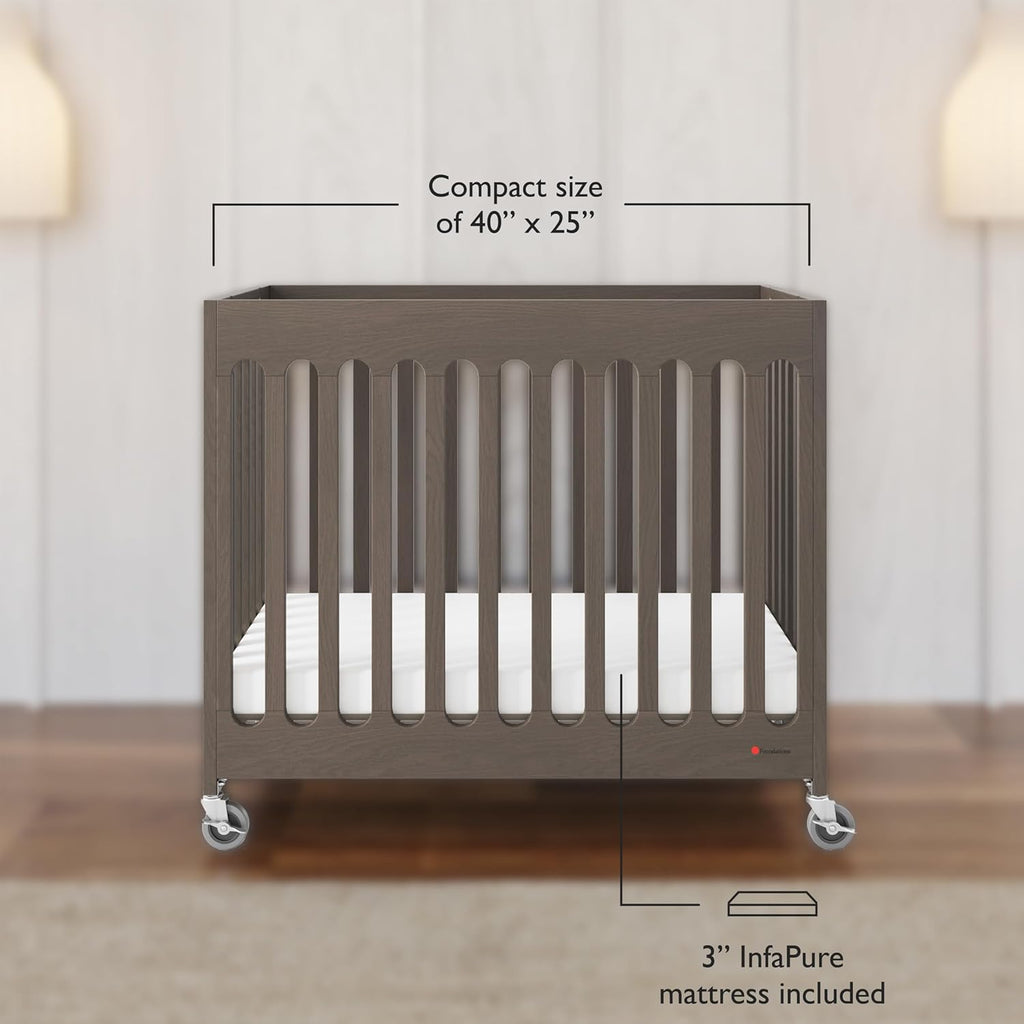 Foundations Boutique Compact Folding Crib 3 Pack for Hotels, Wood Crib, Commercial Casters, Includes 3" Foam Crib Mattress (Dapper Gray)