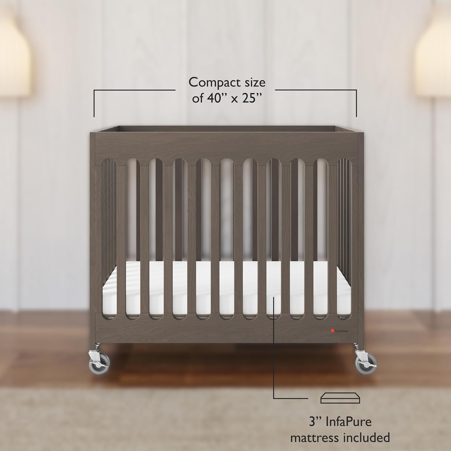 Foundations Boutique Compact Folding Crib 3 Pack for Hotels, Wood Crib, Commercial Casters, Includes 3" Foam Crib Mattress (Dapper Gray)