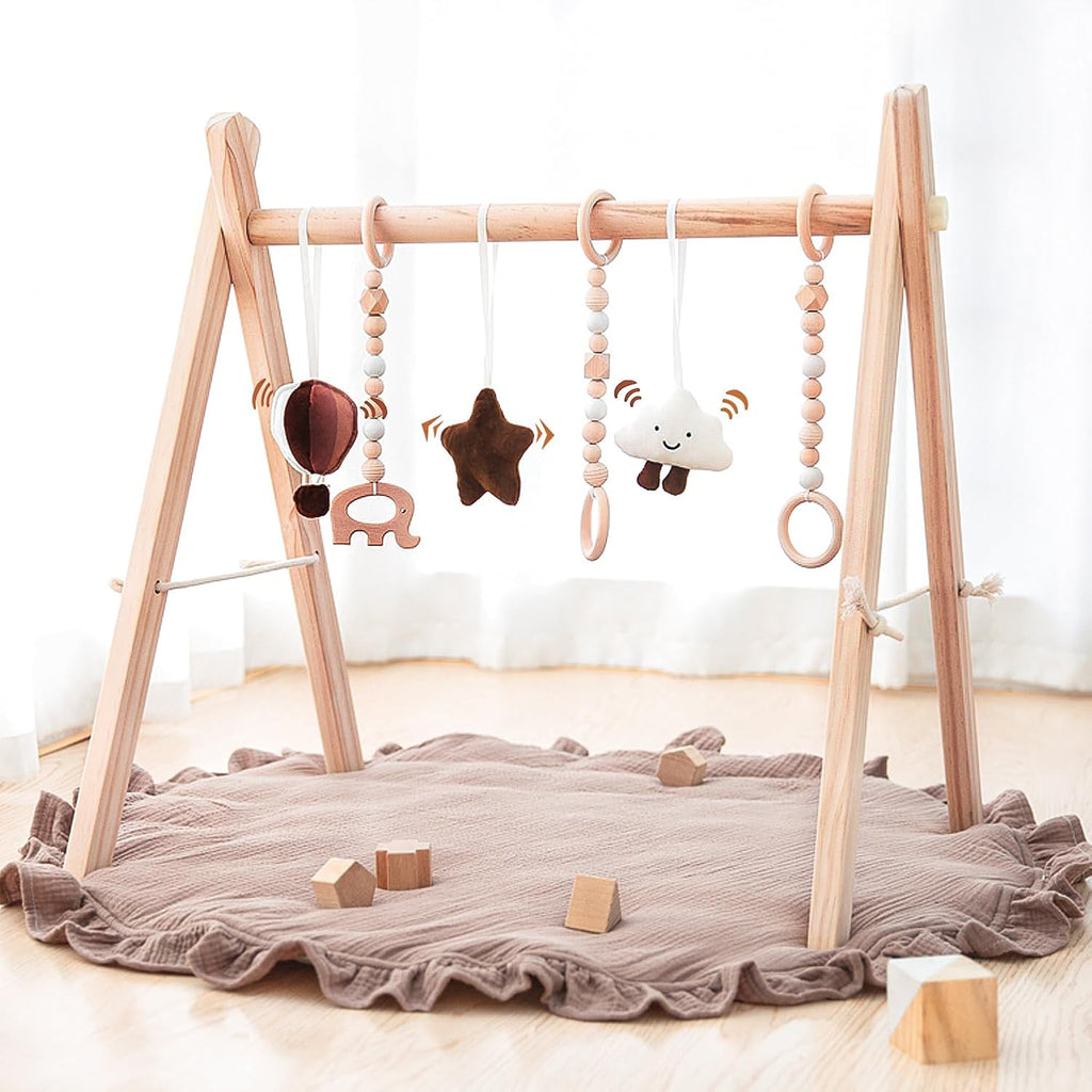 Razee Wooden Baby Play Gym Play Mat, Foldable Baby Gym with 6 Hanging Sensory Toys for Newborn Shower Gift