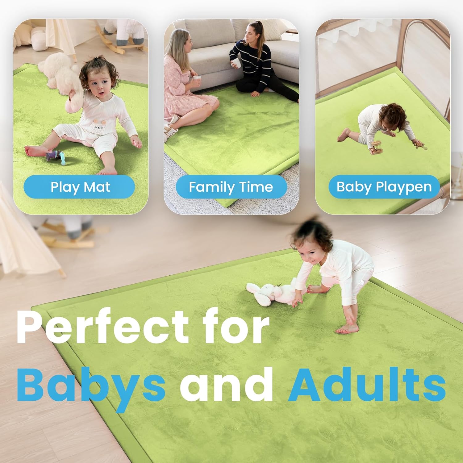 1.3" Thick Baby Play Mat,Ultra Soft Elasti-Foam 50×50 Playpen Mat for Tummy Time,Water-Repellent Coral Fleece Nursery Rug for Infants,Toddlers,Kids,Non-Slip Safe for Crawling(Light Green)