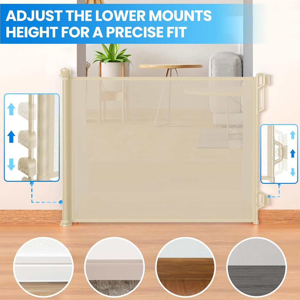 Retractable Safety Baby Gate or Mesh Dog Gate,Durable Portable Mesh Retractable Gate,Easy to Use for Stairs, Doorways, Hallways, Indoor, Outdoor, 33.5" Tall, Up to 65" Wide, Cream