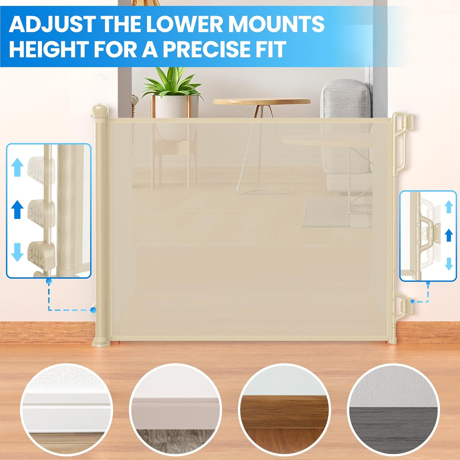 Retractable Safety Baby Gate or Mesh Dog Gate,Durable Portable Mesh Retractable Gate,Easy to Use for Stairs, Doorways, Hallways, Indoor, Outdoor, 33.5" Tall, Up to 65" Wide, Cream