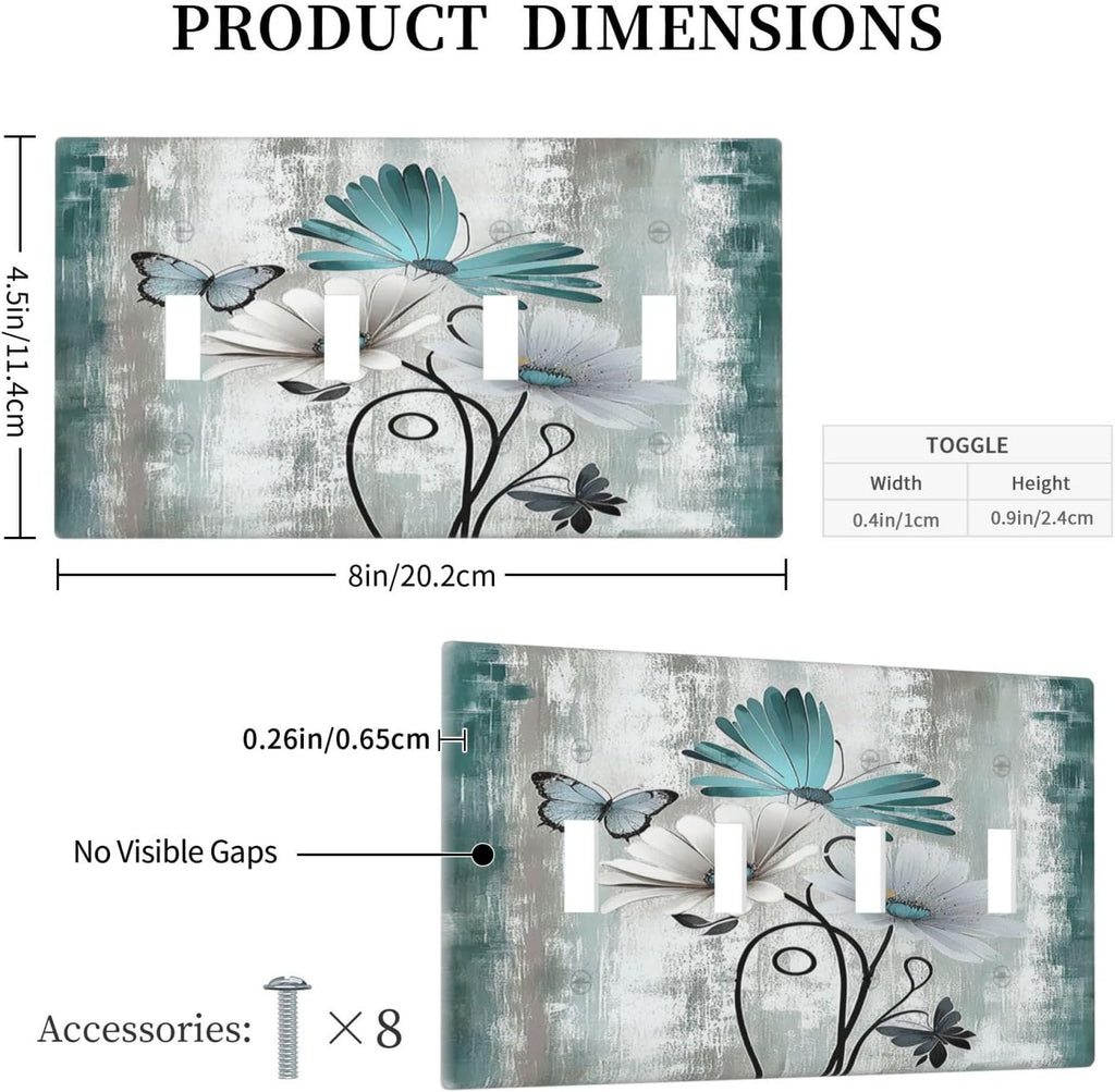 Light Switch Covers Rustic Teal Daisy Floral Flowers Butterfly Wood Grain Quad Toggle Electrical Faceplate 4 Gang Wall Plate Decorative Switch Plates for Bathroom Bedroom Decor
