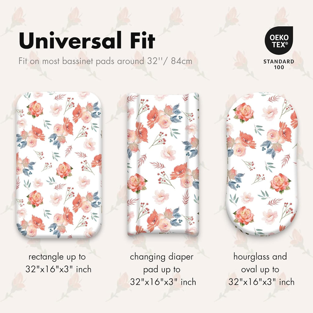 Gllquen Baby Bassinet Sheets 4 Pack, Breathable Cozy Fitted Mattress Sheet, Elastic Travel Crib Fashionable Floral Pattern, Standard Cradle Safe Sheets for Baby Boys Girls 32"x16" (Flower)