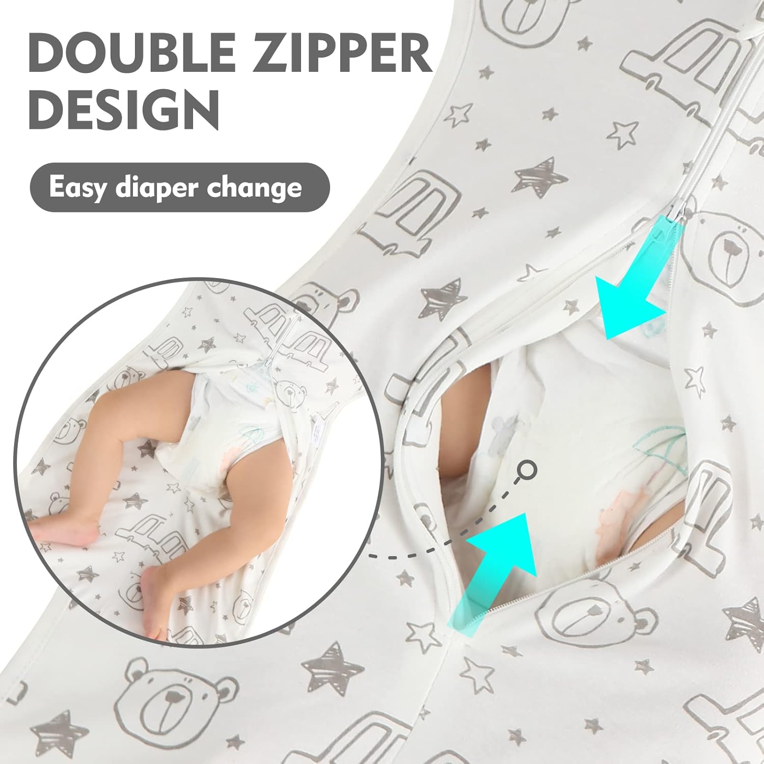 Baby Transition Swaddle Sack, Baby Swaddle Arms Up Transition Bag,Snug fit Calms Startle Reflex, Breathable Cotton Newborn Sack, 2-Way Zipper Cars & Bears (0-3 Month)