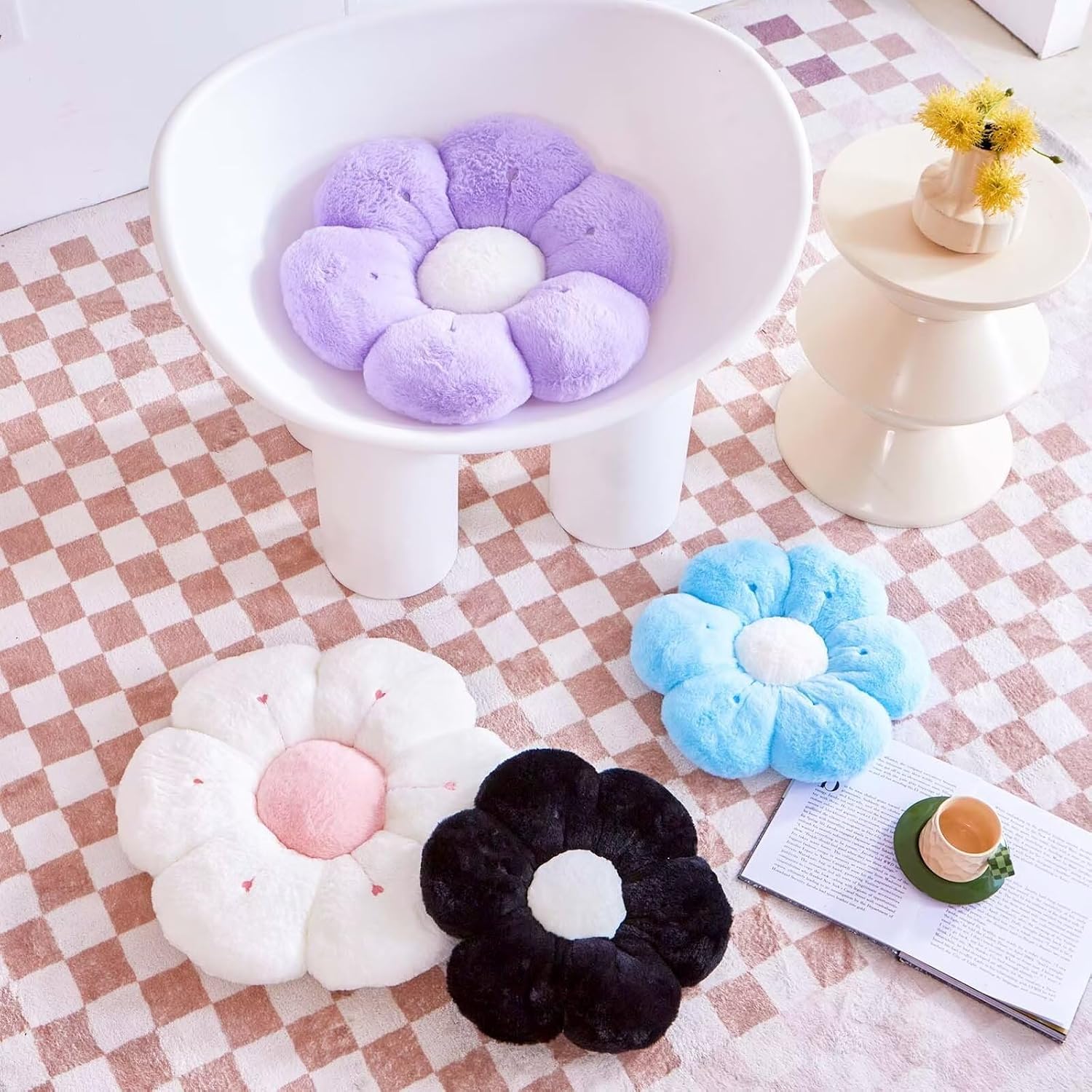 Flower Pillow, Cute Flower Shaped Decorative Pillow, Soft Rabbit Fur Daisy Pillow Home Decor Floor Seating Cushion for Bedroom Living Room (Light Purple 14.9 Inch)