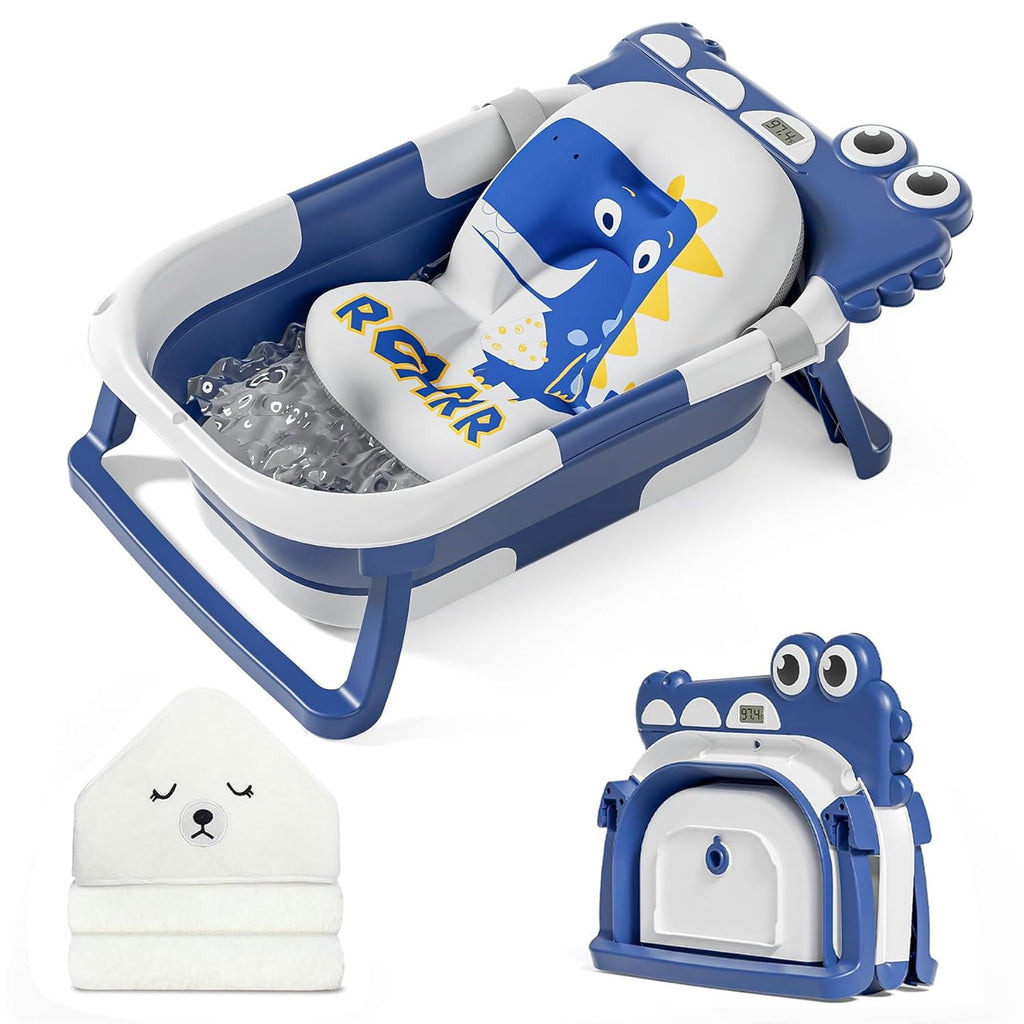 MoreFeel Collapsible Baby Bathtub for Newborn with Thermometer & 1 Hooded Towel & 1 Soft Floating Cushion,Portable Travel Bathtub with Drain Hole, Durable Foldable Baby Tubs for Infants to Toddler