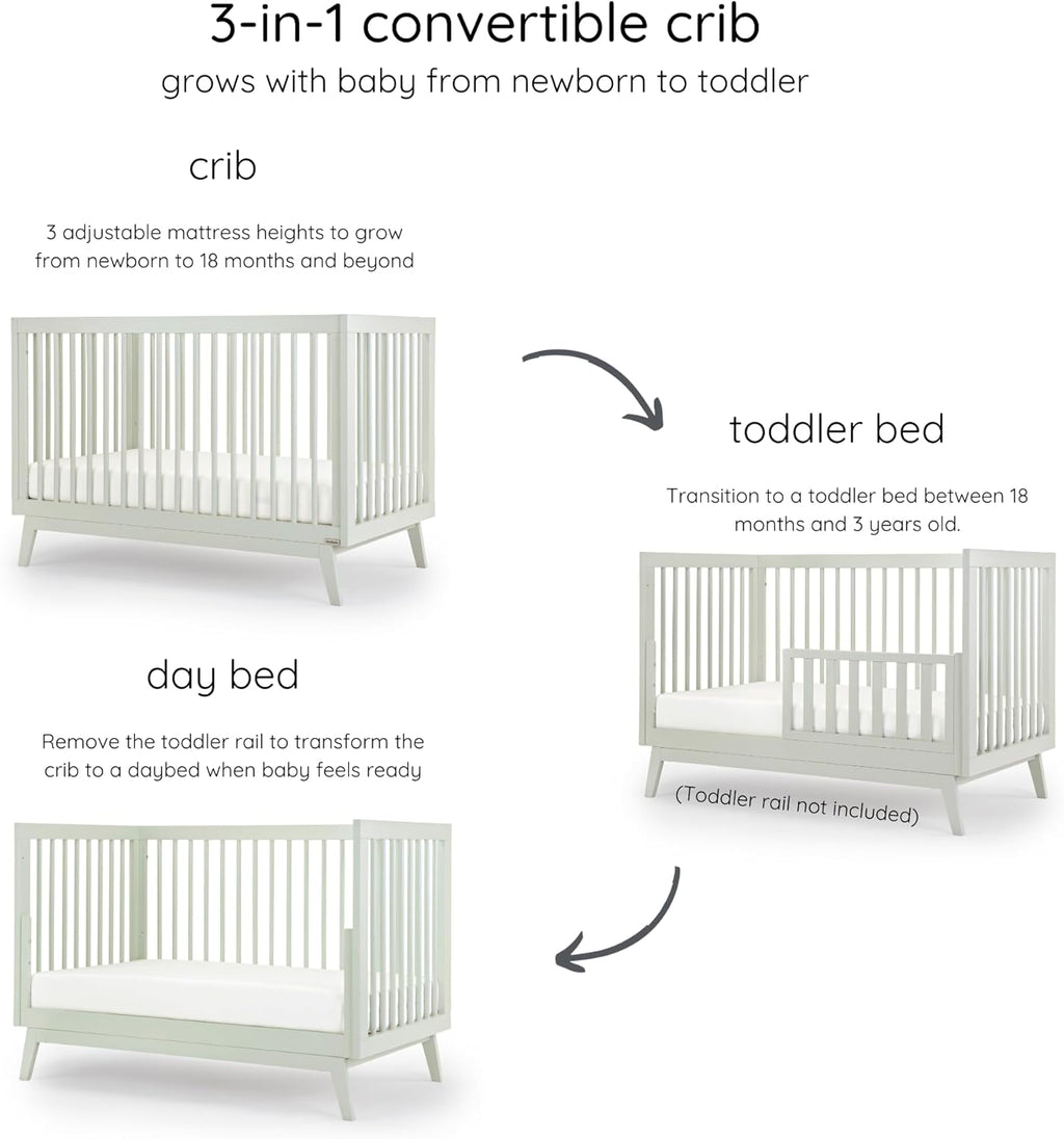 dadada Baby Soho 3-in-1 Convertible Wooden Crib to Toddler Bed - Made in Italy, GREENGUARD Gold Certified, Baby-Safe Finish, Sustainable Beech Wood, Modern Design, 3 Adjustable Heights (Sage)