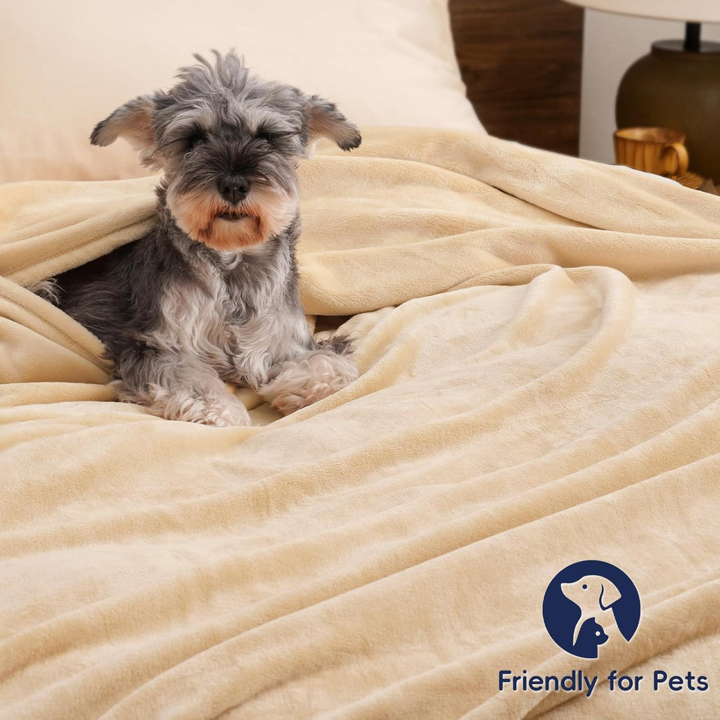 PHF Ultra Soft Fleece Blanket Queen Size, No Shed No Pilling Luxury Plush Cozy 300GSM Lightweight Blanket for Bed, Couch, Chair, Sofa Suitable for All Season, 90" x 90", Beige