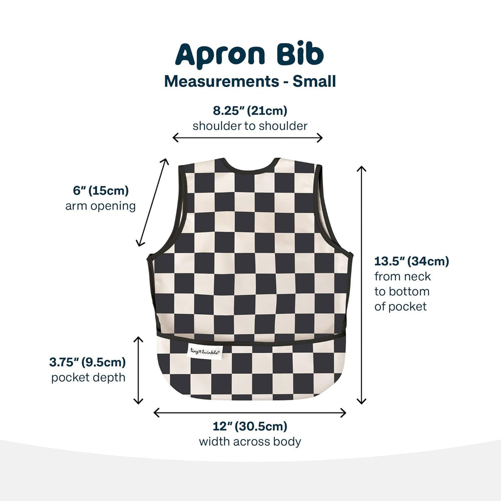 Tiny Twinkle Mess Proof Baby Bib - Waterproof & Lightweight Baby-Led Weaning Apron | 100% Recycled Polyester, Easy Clean & Machine Washable (Black Checkers, Small 6-24 Months)