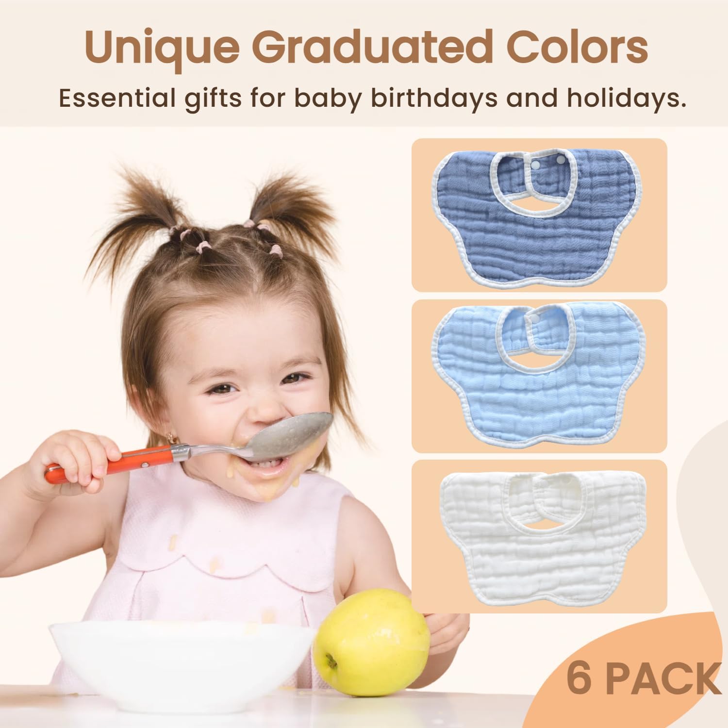 MUKIN Baby Drooling Towel, Snap Bibs, Muslin Bibs, 6 Pack, Adjustable, Soft Cotton