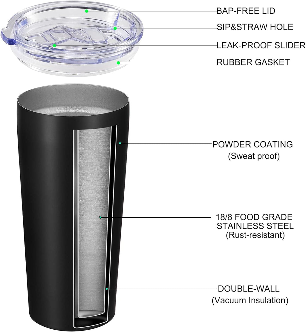VEGOND 20oz Tumbler Bulk with Lid and Straw 1 Pack, Stainless Steel Vacuum Insulated Tumbler, Double Wall Coffee Cup Travel Mug, Black