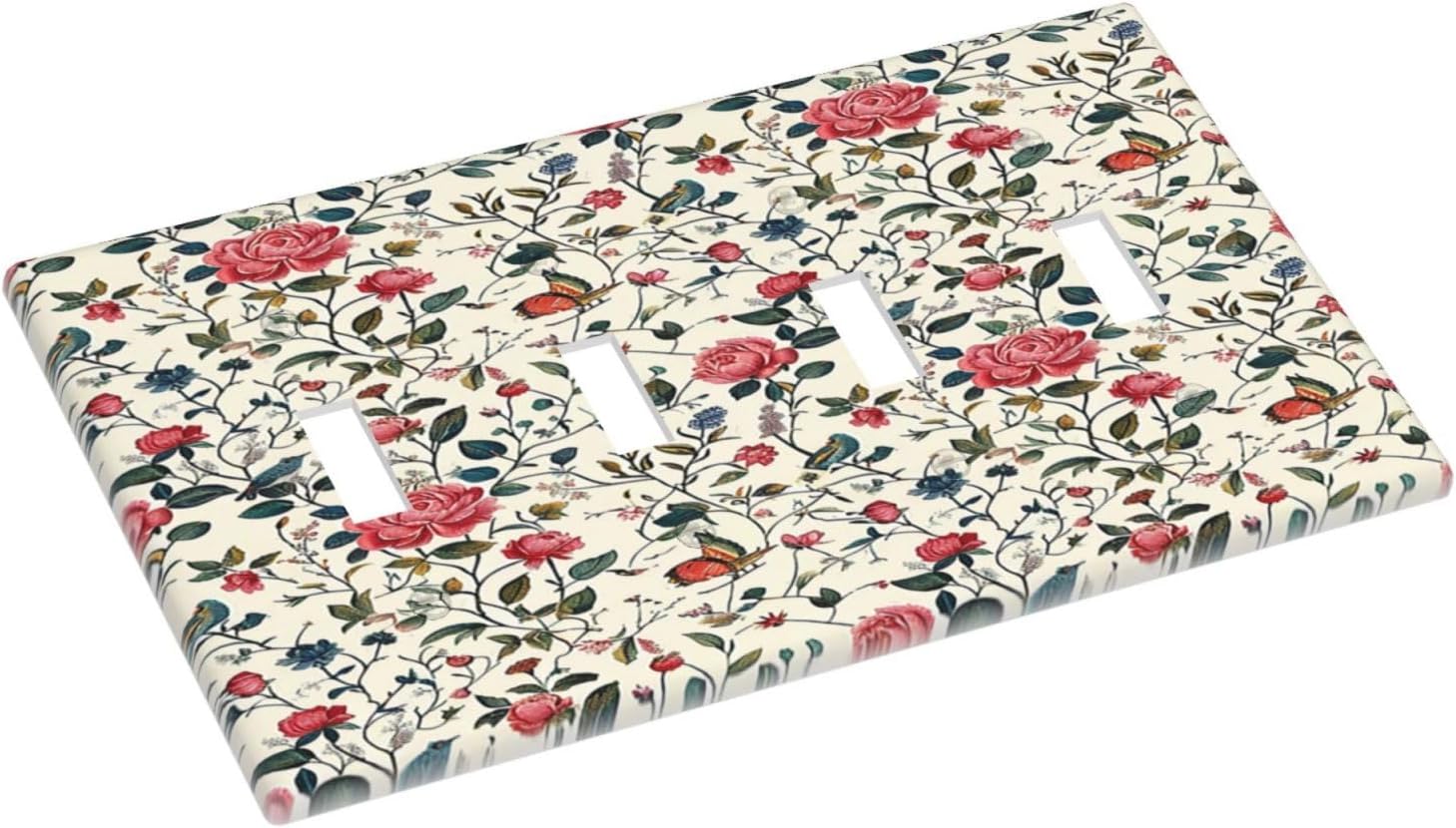 Light Switch Covers Vintage Flowers Rose Leaf Bird Butterfly Quad Toggle Electrical Faceplate 4 Gang Wall Plate Decorative Switch Plates for Bedroom living Room Decor