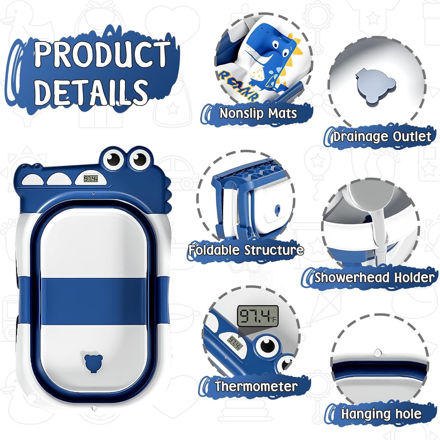 MoreFeel Collapsible Baby Bathtub for Newborn with Thermometer & 1 Hooded Towel & 1 Soft Floating Cushion,Portable Travel Bathtub with Drain Hole, Durable Foldable Baby Tubs for Infants to Toddler