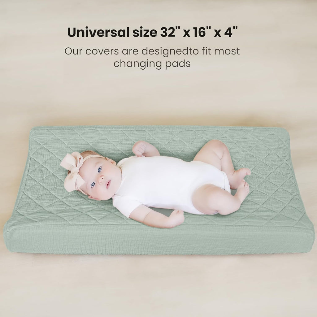 Konssy Waterproof Muslin Changing Pad Cover 2 Pack, Quilted Cotton Fitted Diaper Changing Table Cover, Soft Changing Pad Sheets for Girls Boys (Leafy,Green)
