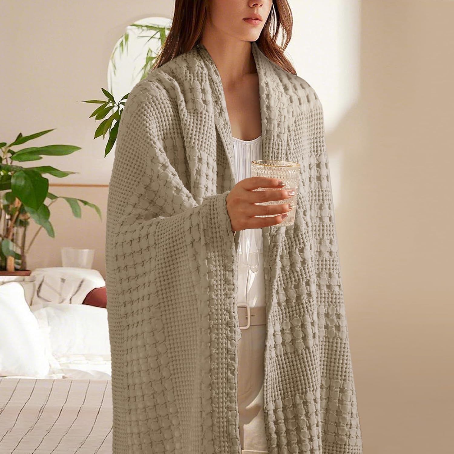 PHF 100% Cotton Waffle Weave Throw Blanket, Soft Lightweight Breathable Cozy Summer Throws for Couch Bed Sofa, Luxury Aesthetic Woven Blanket for Home Decor & Office, 50"x60", Simply Taupe