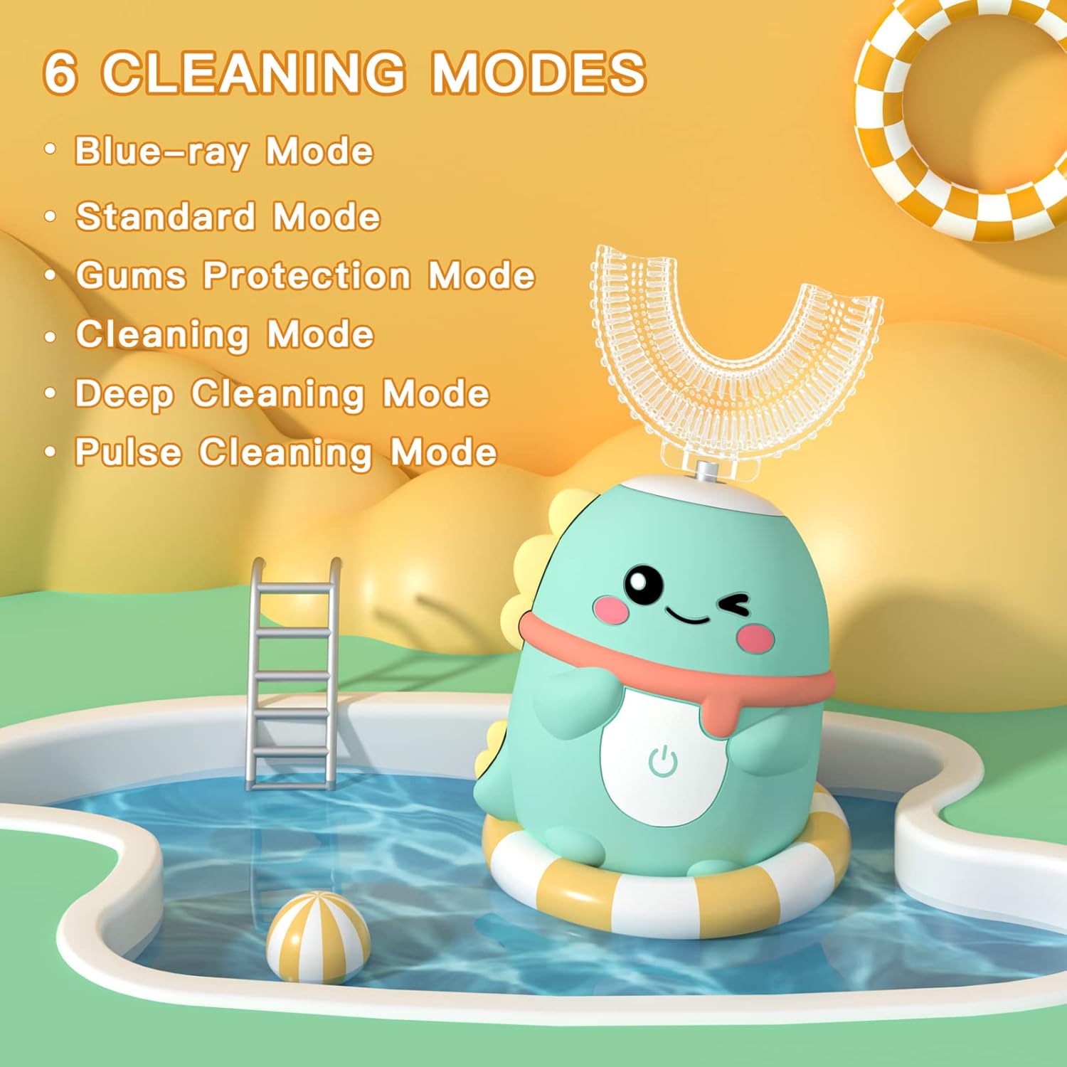 Kids Electric Toothbrush U Shaped Toddler Auto Sonic Toothbrushes with 5 Brush Head,Cartoon Dinosaur Ultrasonic Toothbrushes for Children 2-12 Years,360° Full Mouth Cleaning Automatic