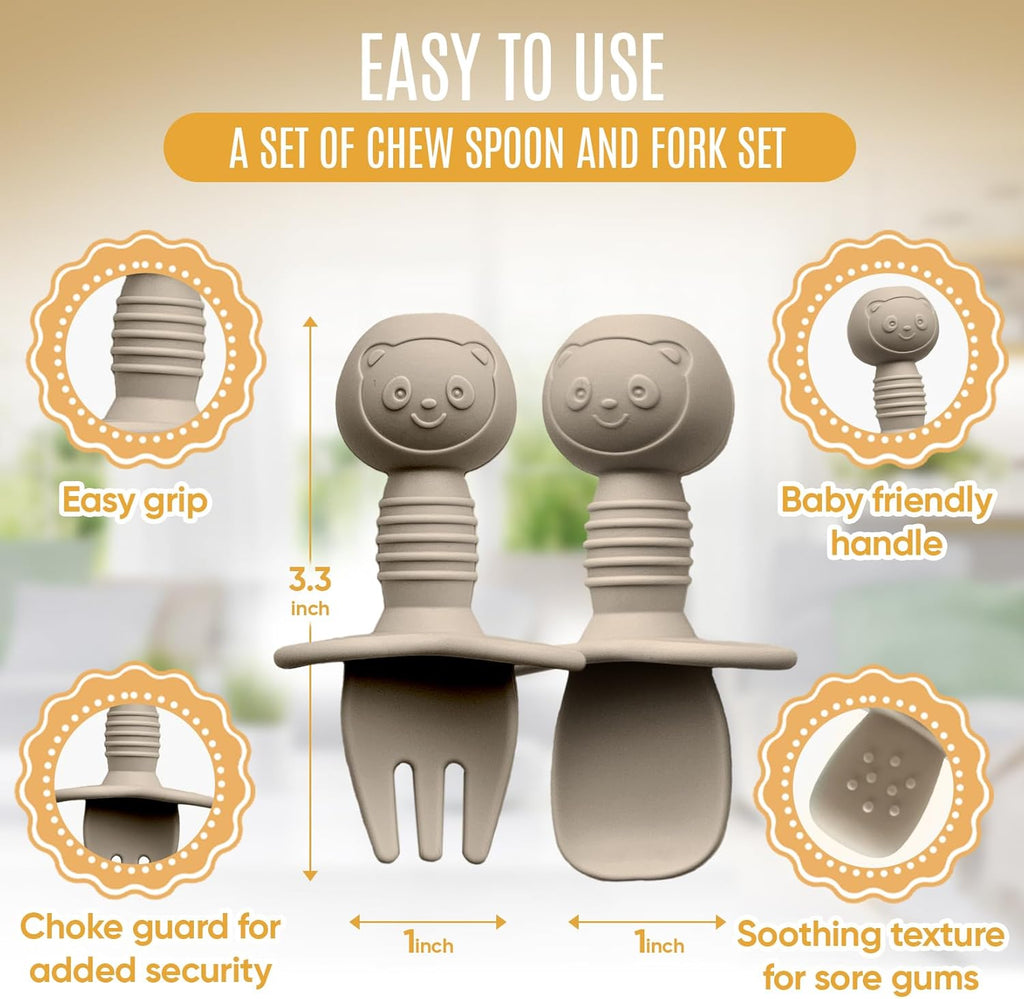 4pc Silicone Baby Spoons Self Feeding Baby Utensils 6-12 Months - 3 Baby Spoon - 1 Baby Fork - Toddler Cutlery Set - BPA Free, Dishwasher Safe - Baby Eating Essentials (Gray/Beige)