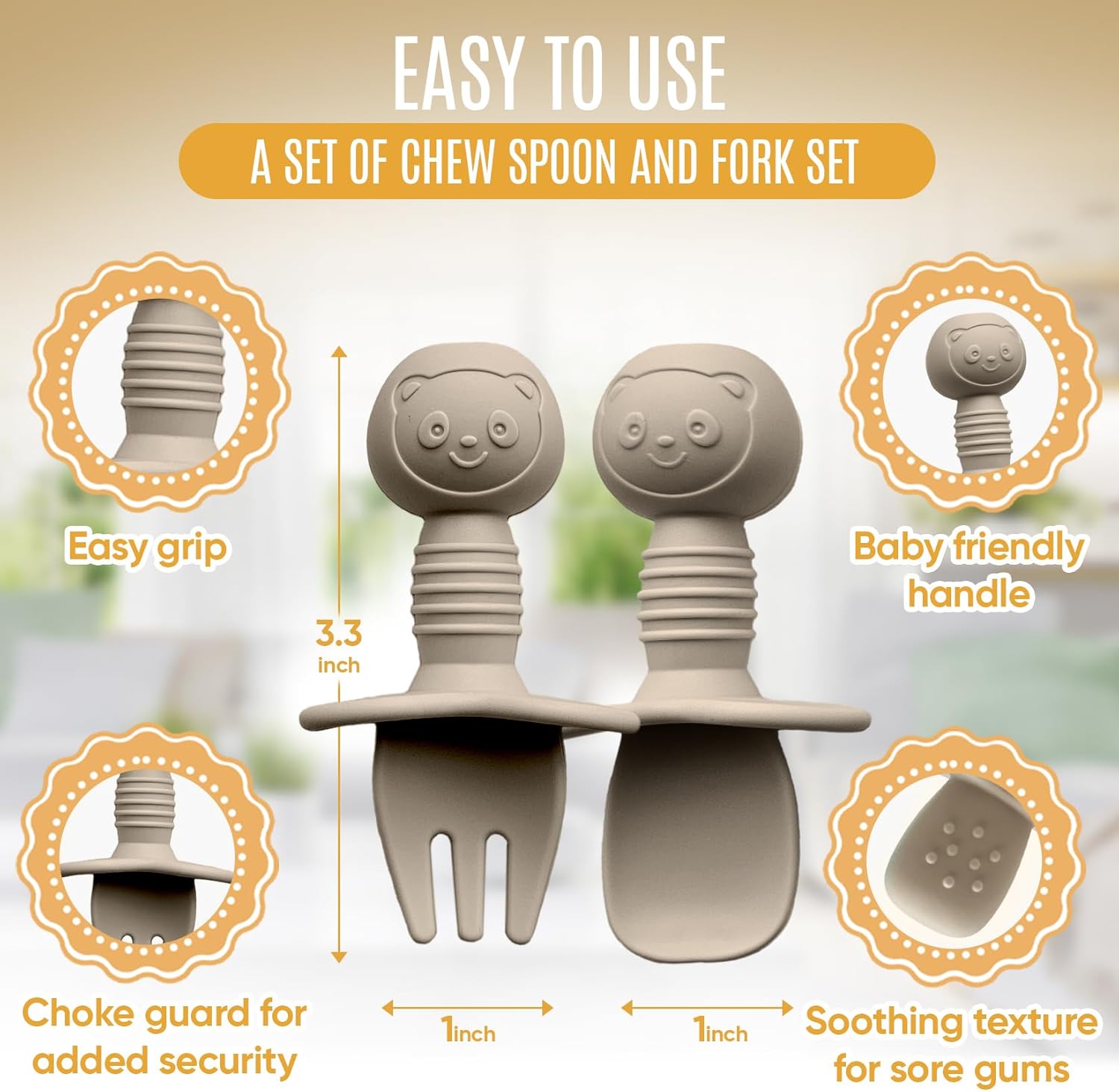 4pc Silicone Baby Spoons Self Feeding Baby Utensils 6-12 Months - 3 Baby Spoon - 1 Baby Fork - Toddler Cutlery Set - BPA Free, Dishwasher Safe - Baby Eating Essentials (Gray/Beige)