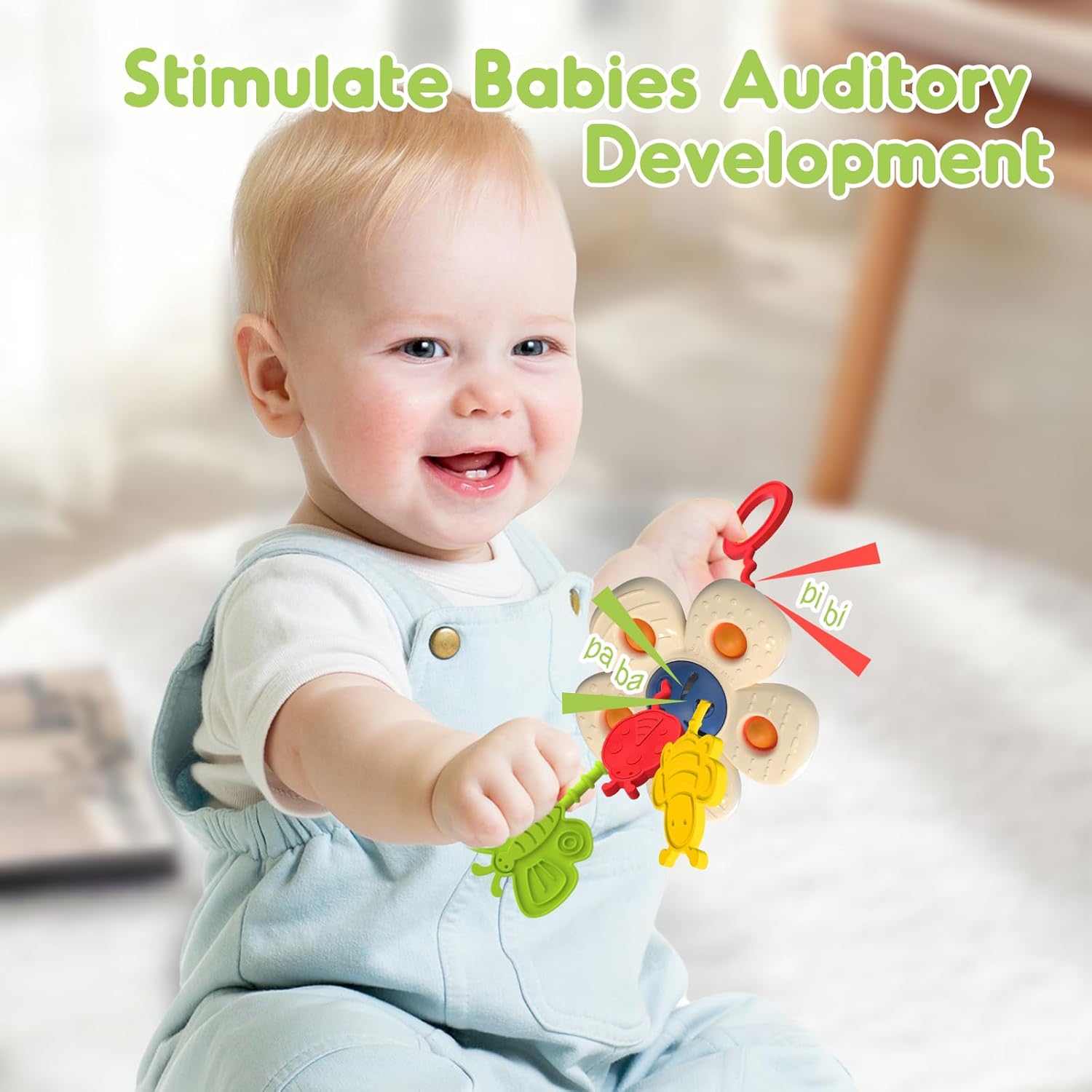 Baby Sensory Chew Toy for 6-12-18 Months, Soft Silicone Pull String Travel Toy for Car Seat & Stroller