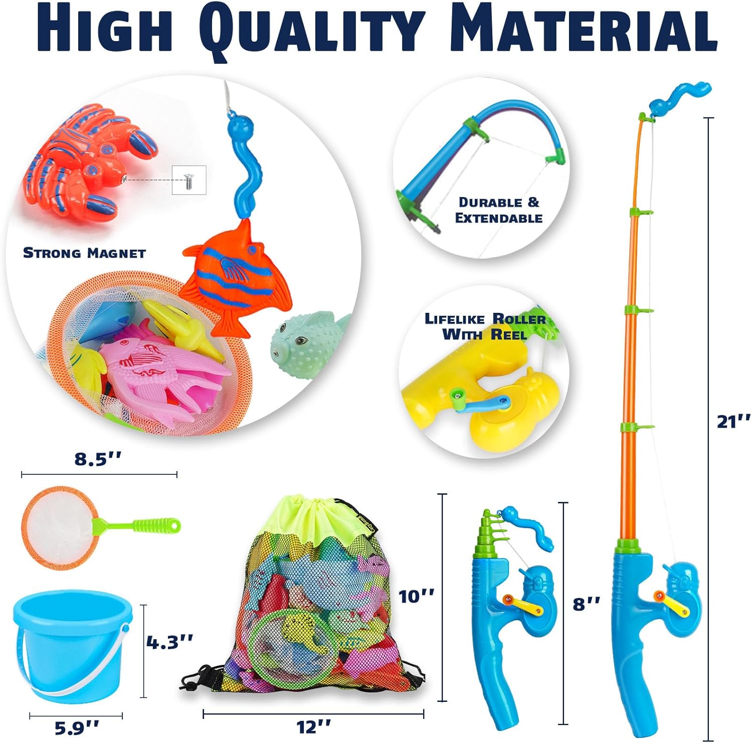 CozyBomB™ Magnetic Fishing Toys Game Set for Kids | Water Table Bathtub Kiddie Pool Party & Pole Rod Net, Plastic Floating Fish Toddler Color Ocean Sea Animals Birthday Age 3 4 5 6 Year