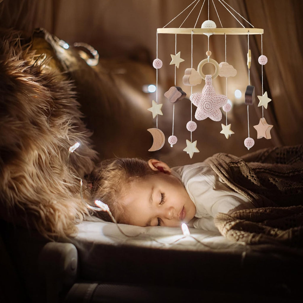 Baby Crib Mobile for Boys Girls| Boho Nursery Mobile| Gender Neutral Hand-Crocheted Mobile| Ceiling Mobile - Stars, Clouds, Moon (Pink)