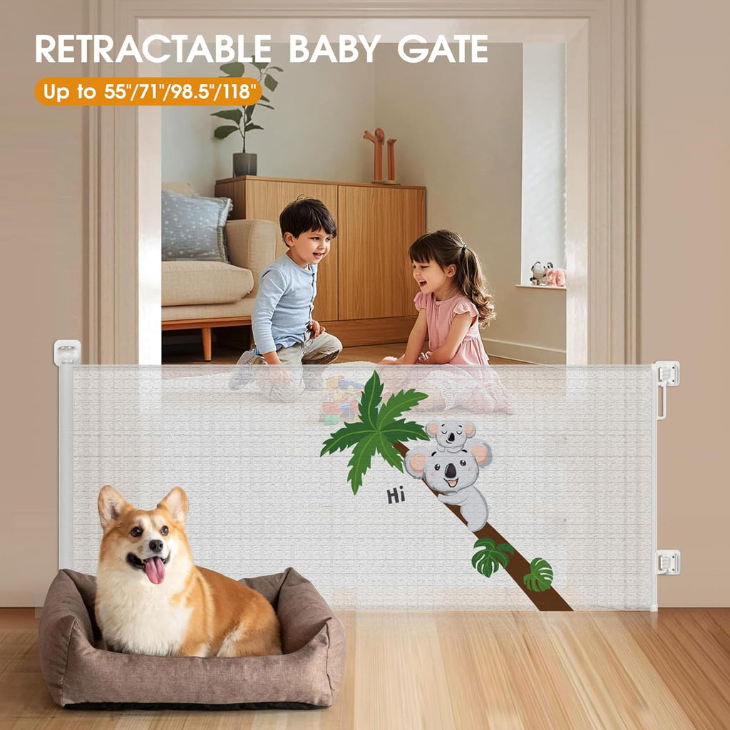 HOMEAL Retractable Baby Gate for Stairs & Doorways, Outdoor Indoor Retractable Mesh Gates for Baby and Pet, Extra Wide Safety Gate for Deck, Porch, Hallways, Patio(Sloth,Width Up to 55")