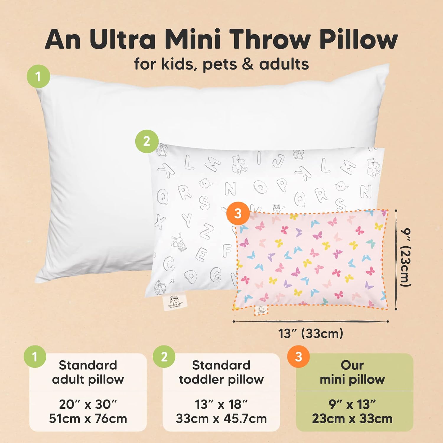 Mini Toddler Pillow with Pillowcase - 9x13 My Little Dreamy Travel Kids Pillow for Sleeping, Toddler Bed, Small, Tiny, Organic Cotton Pillowcase, Soft & Breathable, Kids 2-4 Years Old (Flutter)