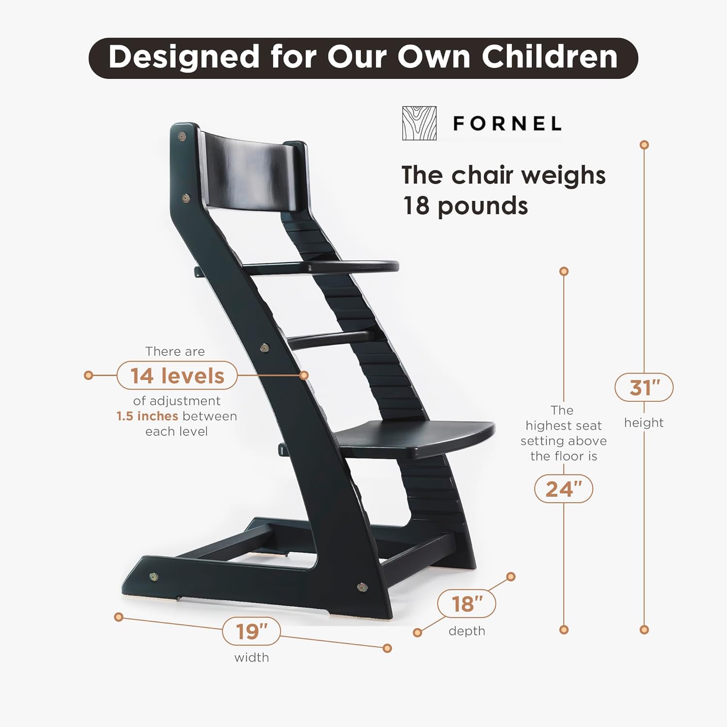 FORNEL Modern Black Wooden High Chair | The Adjustable Grow-with-Me Chair, A Sleek Alternative to Stokke | Perfect for Minimalist & Industrial Kitchens
