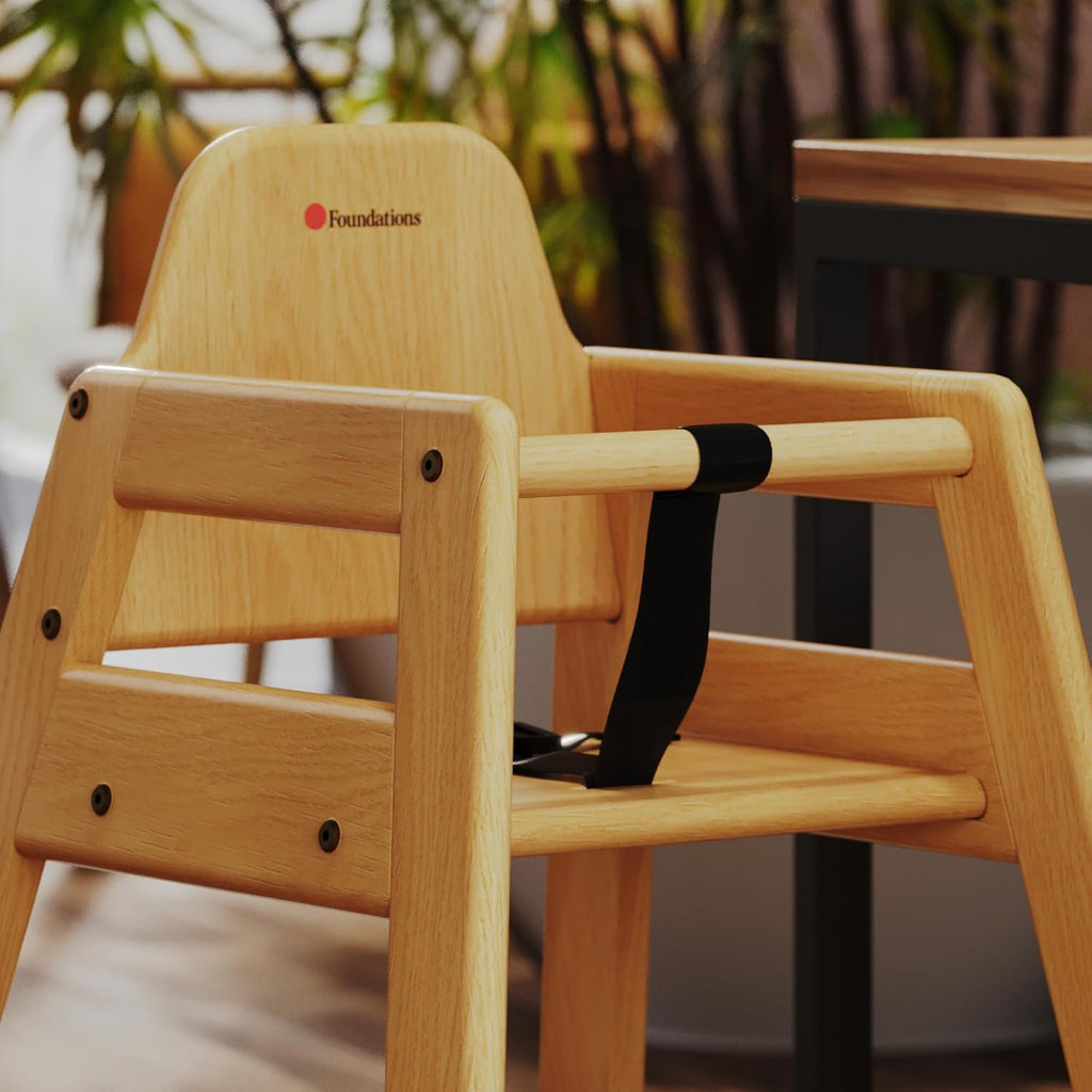 Foundations Neat Seat Wood Highchair for Restaurants, Easy to Clean, “No-tip” Feet, 3-point Safety Harness, Durable Hardwood, Small Footprint, Stackable (Natural)