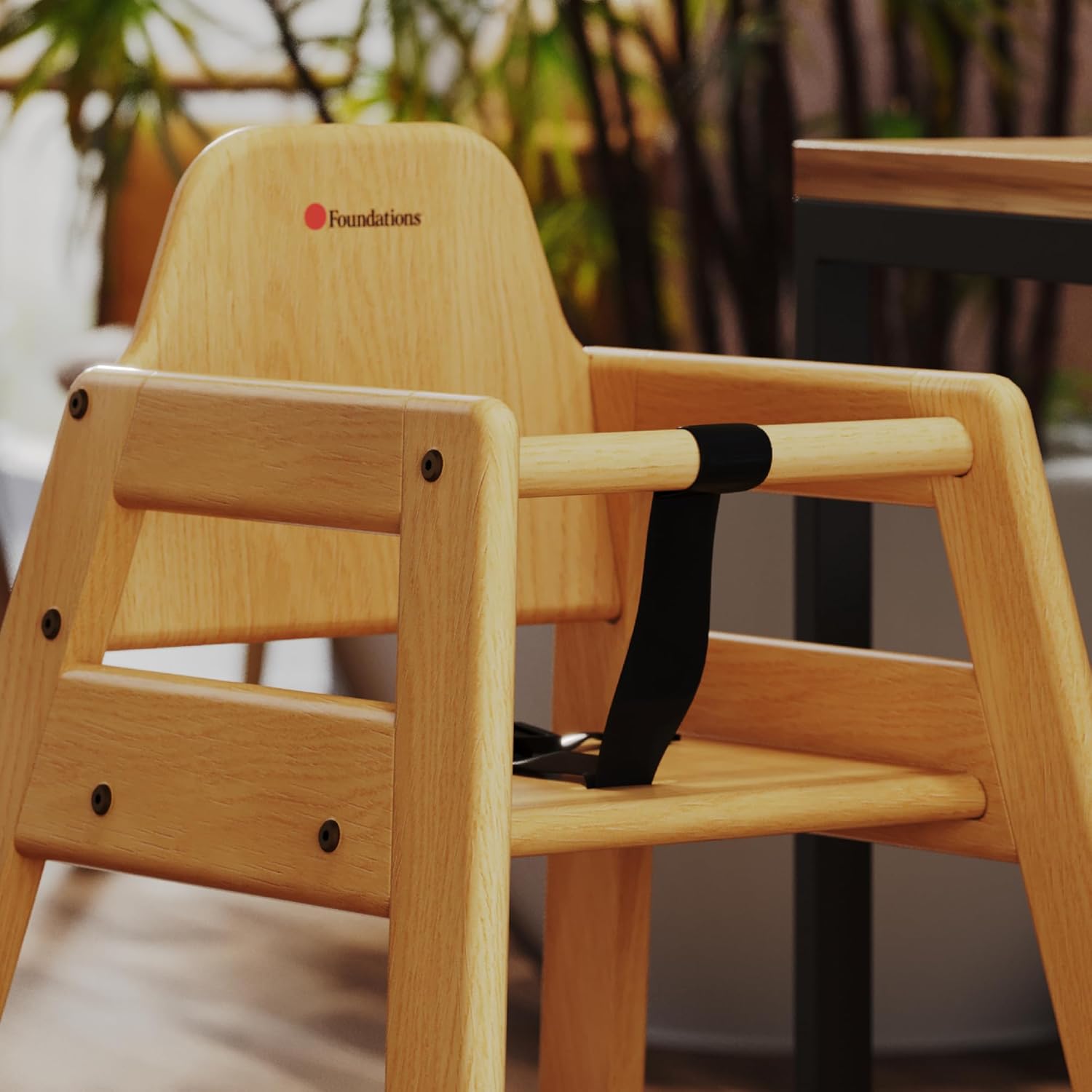 Foundations Neat Seat Wood Highchair for Restaurants, Easy to Clean, “No-tip” Feet, 3-point Safety Harness, Durable Hardwood, Small Footprint, Stackable (Natural)