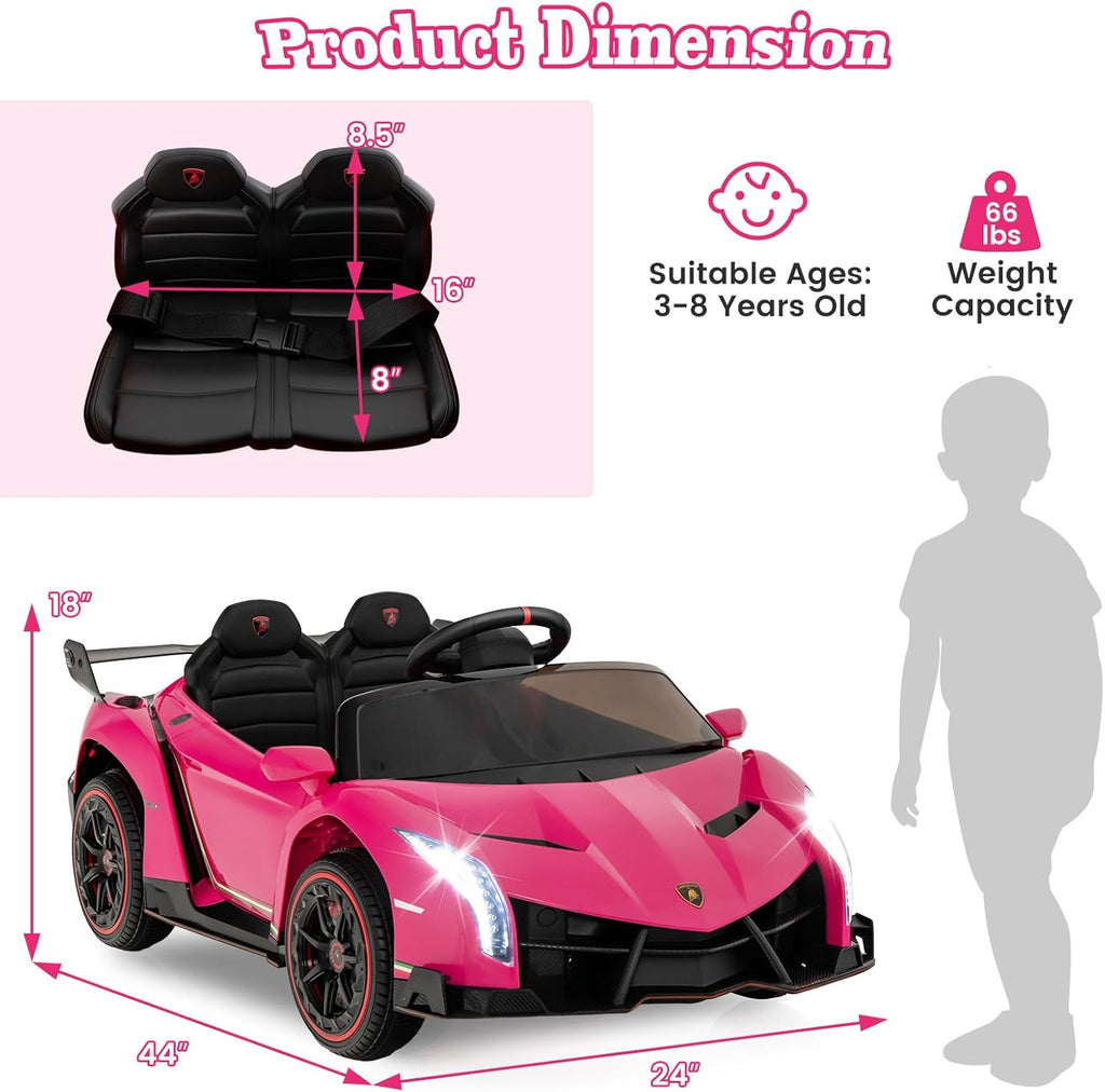 Costzon Pink Lamborghini Ride on Car, 12V Battery Powered 4WD Lambo Kids Car with Remote Control, 3 Speeds, Dual Doors, LED Lights, Horn, Music, Licensed Electric Vehicle for Toddlers Girls Kids Gift