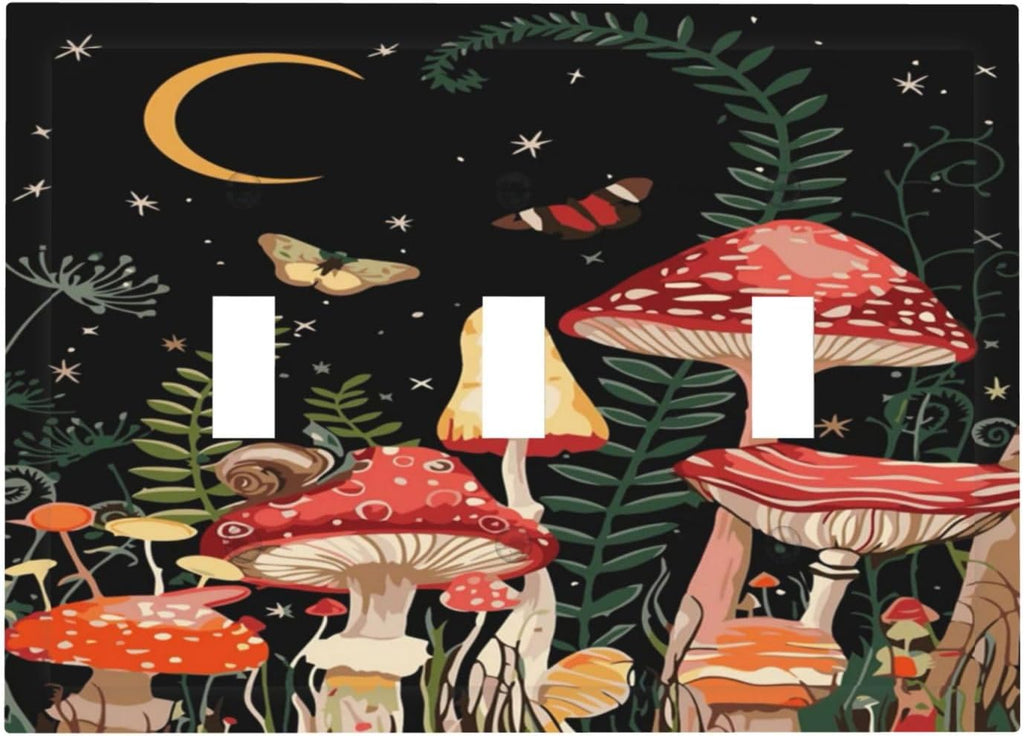 Moon Star Red Mushroom Forest Butterfly Green Plant Decorative Switch Plates 3 Gang Wall Plate Triple Toggle Light Switch Cover Faceplate Electrical Wall Panels for Kids Room Home Decor