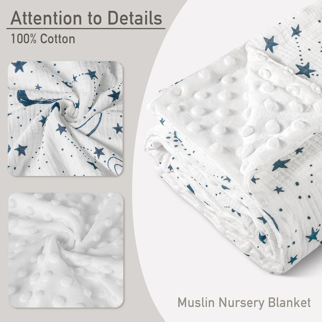 GLLQUEN BABY Blankets for Unisex Boys Girls, Muslin Cotton Front Soft and Breathable, and Dotted Fleece Backing, Printed Bed Nursery Minky Blankets for Toddler Newborn, 30 x 40 inches