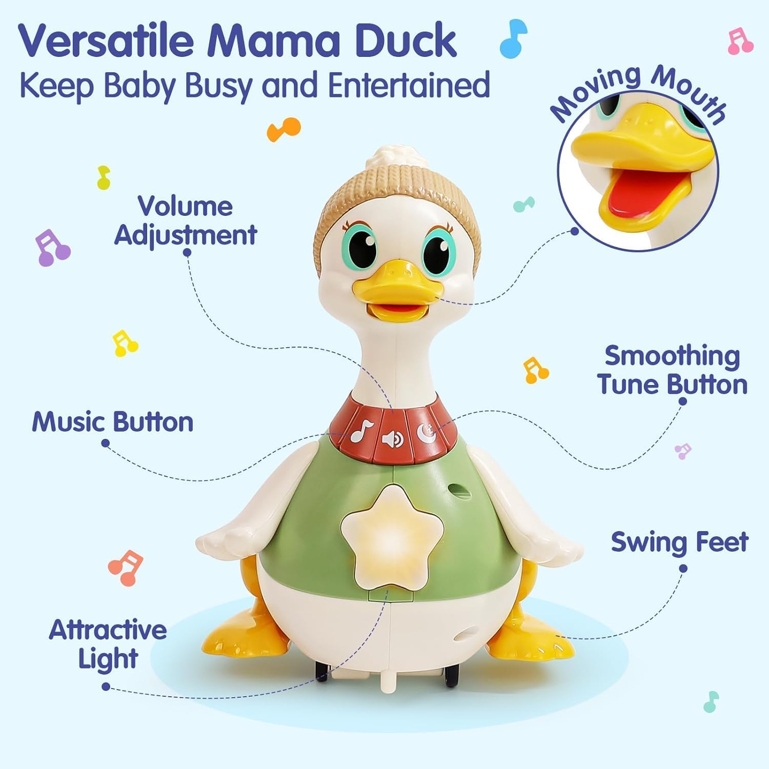 HOLA Baby Toys 6-12 Months Musical Dancing Duck Toy Set with Mama and Babys Tummy Time Toys, Crawling and Interaction Modes 1 Year Old Girl Boy Baby Easter Gifts Stocking Stuffers