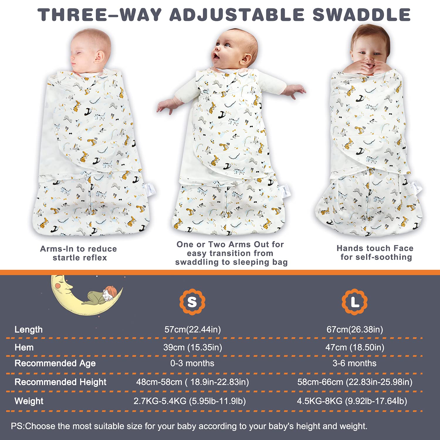 Swaddle-Blanket Baby Girl & Boy Swaddles Newborn Infant Transition 100% Cotton Wrap Blankets, 3-Way Adjustable Wearable Blanket, TOG 1.0 (Dinosaur, 3-6 Month)