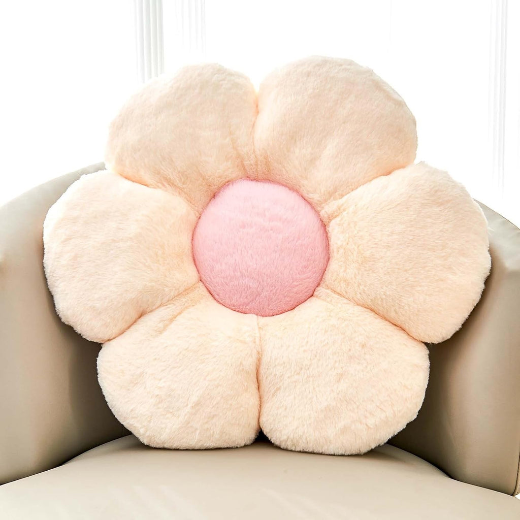 Beige Flower Pillow, Cute Decorative Flower Shaped Throw Pillow with Faux Rabbit Fur, 19.6" Soft Flower Plush Throw Pillow Floor Pillows Room Décor for Bedroom Living Room