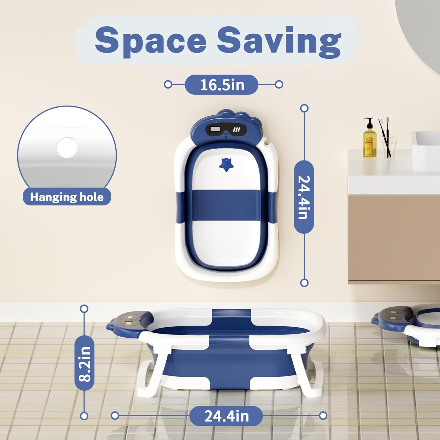 AVIDOR Baby Bathtub,Collapsible Bathtub for Newborn to Toddler,Durable Essential Infant Bath Tub,Portable Travel Baby Tub with Soft Bath Net,No-Slip Feet and Dinosaur Shaped (Navy Blue)