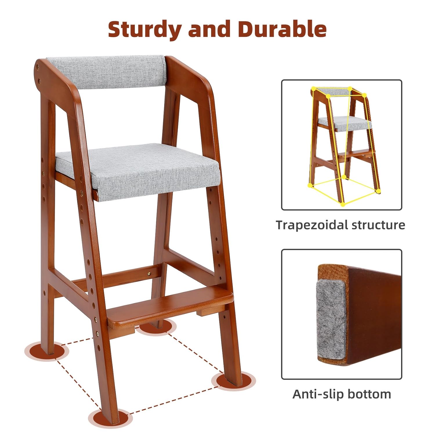 Wooden High Chair for Toddlers, Adjustable Dining Feeding Chair with Removable Cushion for Child, High Chair Grows with Your Kid with Steps for Kids Dining, Studying, Step Tool(Nut-Brown)
