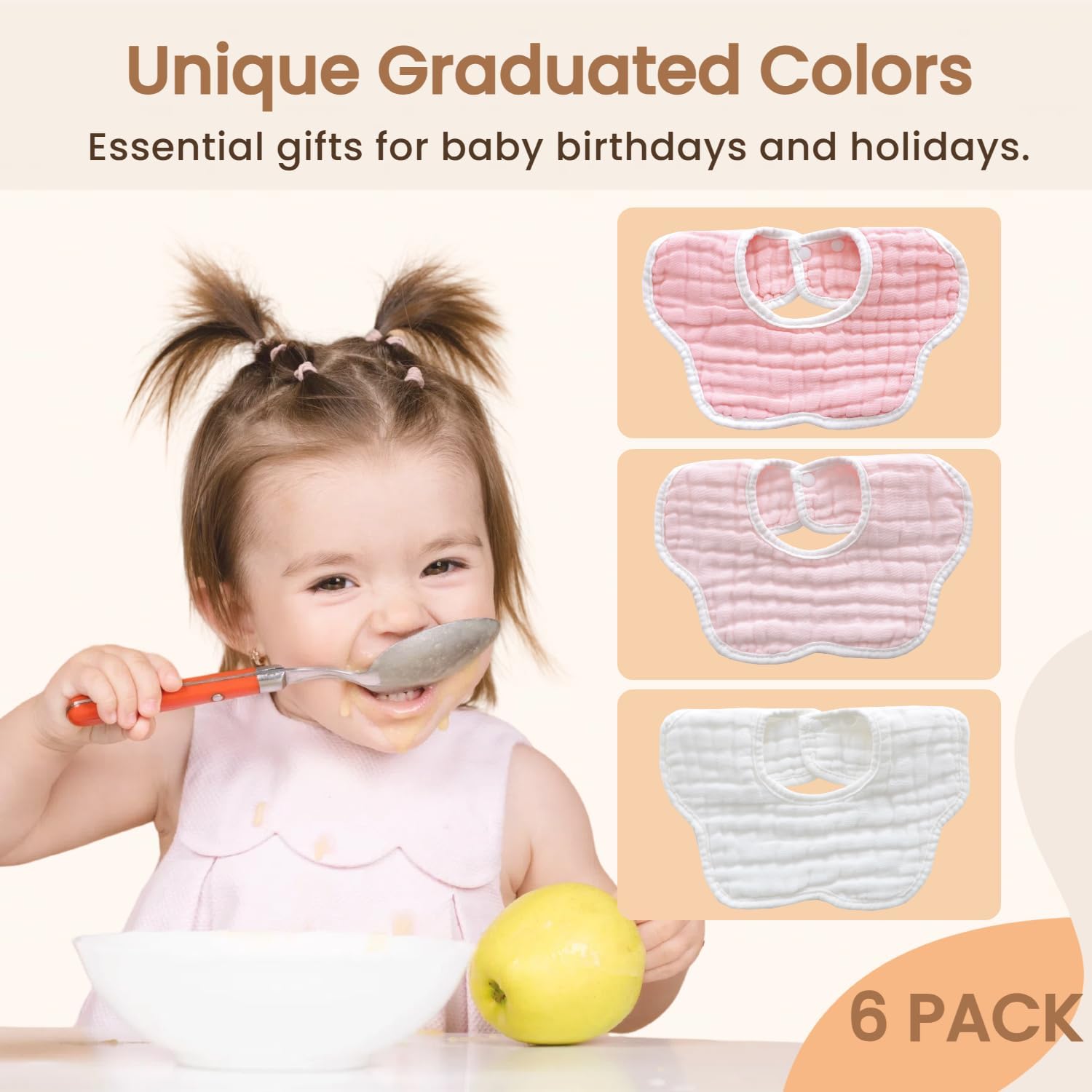 MUKIN Baby Drooling Towel, Snap Bibs, Muslin Bibs, 6 Pack, Adjustable, Soft Cotton