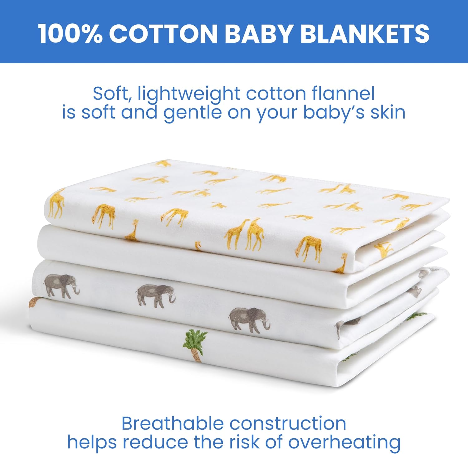 Delta Children 100% Cotton Flannel Baby Receiving Blankets for Girls and Boys – 30x30 Inches (Pack of 4), Safari Friends