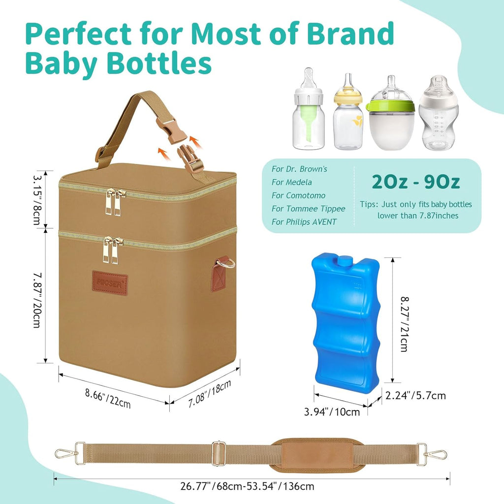 PIIOSER Breastmilk Cooler Bag with Ice Pack Fits 6 Baby Bottles Up to 9 Ounce, Insulated Baby Bottle Tote Bags, Double Layer Waterproof Leak-Proof with Shoulder Strap for Nursing & Working Mom (Brown)